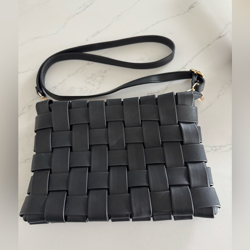 Anthropologie Black Woven Leather Crossbody Bag Buttery Soft Adjustable Strap